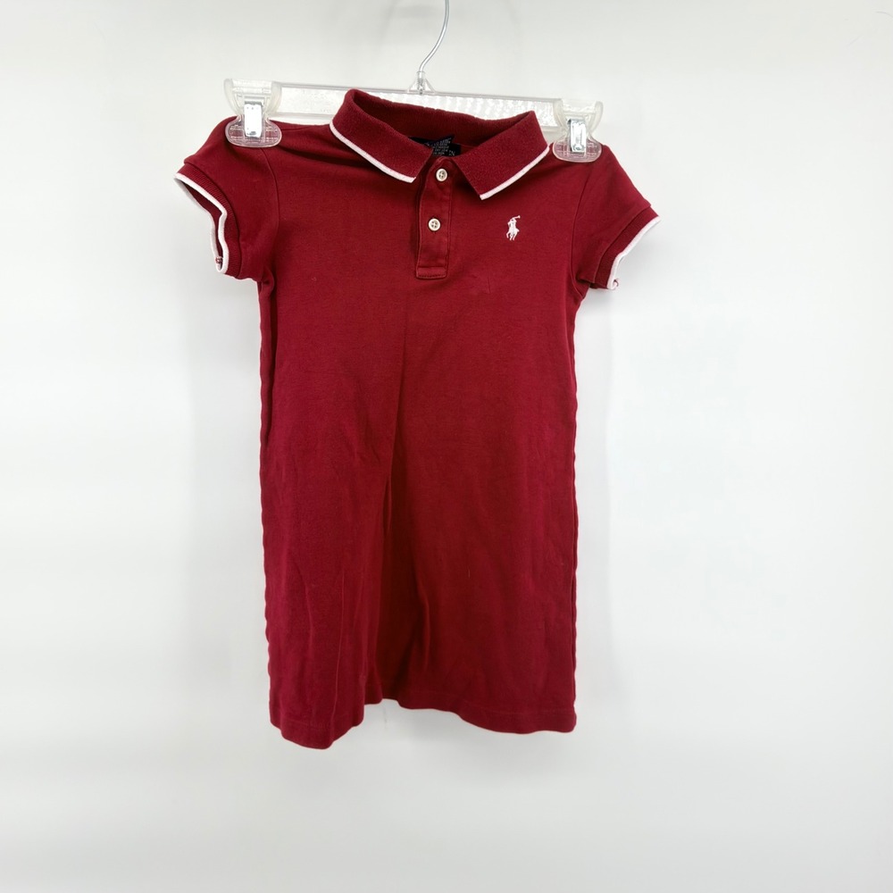Ralph Lauren Girls 4T Red Cotton Mesh Polo Dress White Trim Short Sleeve‎ Logo